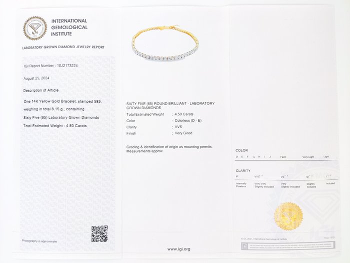 Armbånd - 14 karat Gulguld -  4.50ct. tw. Diamant (Laboratoriedyrket) - D-E/VVS