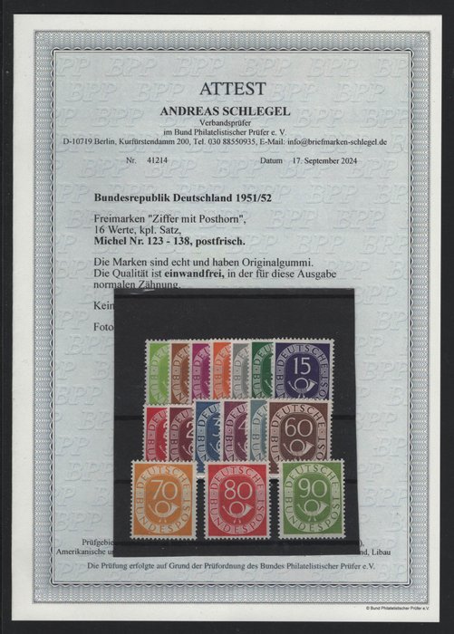 Tyskland, Forbundsrepublikken 1951 - "Posthorn" komplet med aktuelt fotocertifikat - Michel 123-138