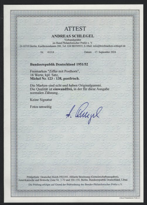 Tyskland, Forbundsrepublikken 1951 - "Posthorn" komplet med aktuelt fotocertifikat - Michel 123-138