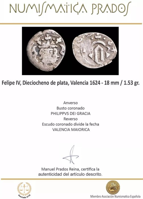 Spanien. Felipe IV (1621-1665). Dieciocheno Valencia 1624  (Ingen mindstepris)