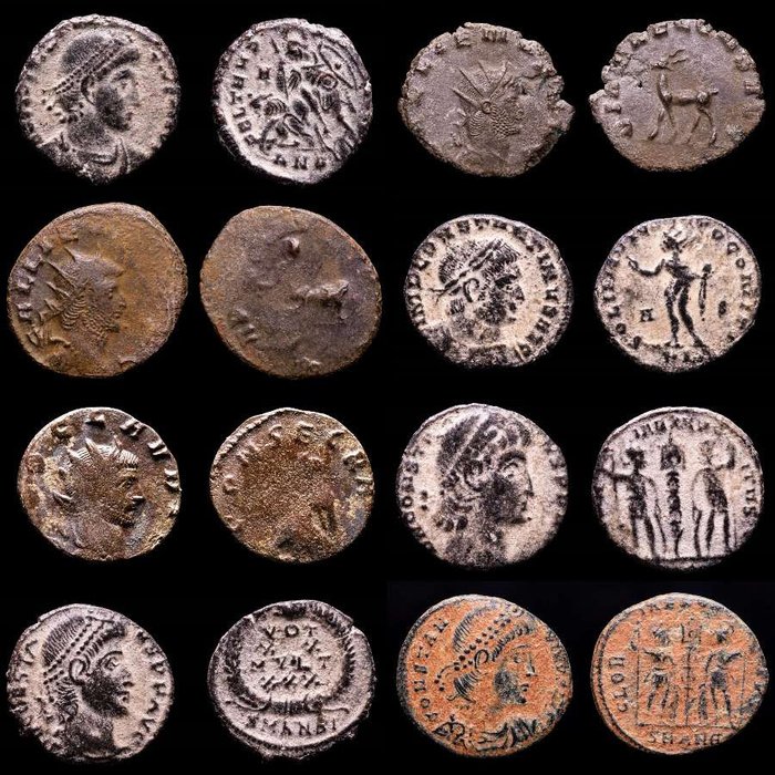 Romarriket. Lot comprising eight (8) AE coins:  Antoninianus, Follis, Maiorinas. Antoninianus, Follis, Maiorinas. Constantius II (4), Gallienus (2), Claudius II  Constantine I  (Ingen mindstepris)