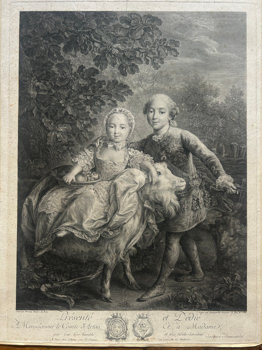 Jacques Firmin Beauvarlet (1731- 1797), after, Drouais François Hubert (1727-1775) - Borboni, Napoli //Le comte d'Artois enfant soutenant Mlle Clotilde montée sur une chèvre