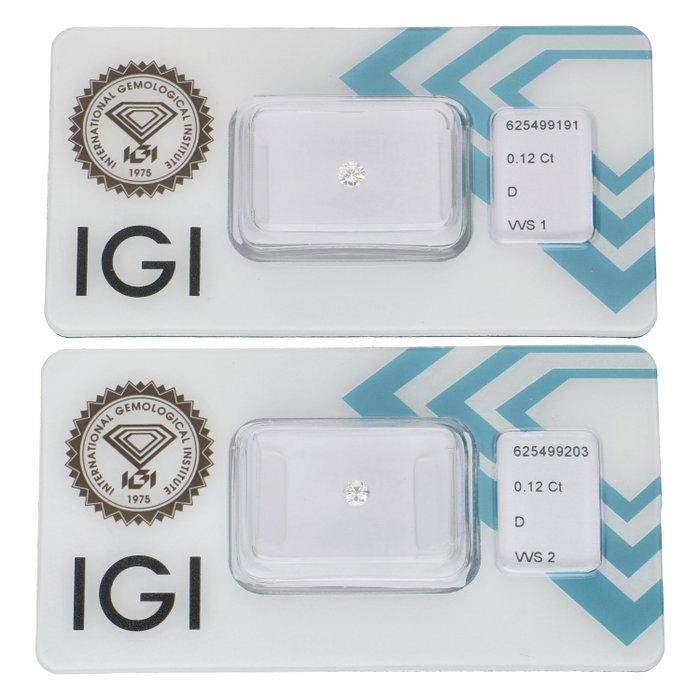 Ingen mindstepris - 2 pcs Diamant  (Natur)  - 024 ct - Rund - D (farveløs) - VVS1 VVS2 - International Gemological Institute (IGI)