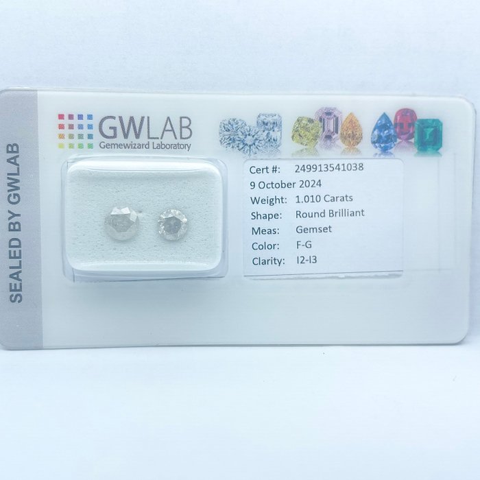 Ingen mindstepris - 2 pcs Diamant  (Natur)  - 1.01 ct - Rund - F, G - I2, I3 - Gemewizard Gemological Laboratory (GWLab)