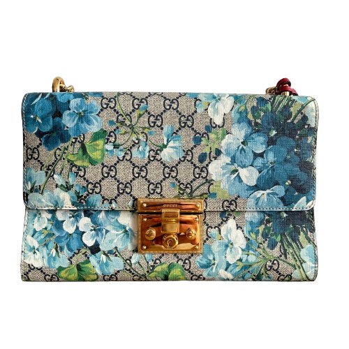 Gucci - GG Supreme Monogram Blooms Medium Padlock Shoulder Bag Beige Blue Navy Hibiscus Red - Håndtaske