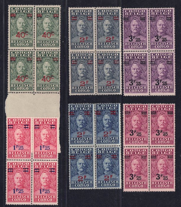 Belgisk Congo 1931 - Stanley-serien med print i 2 lodrette par, der tilsammen danner en blok på 4 - OBP 162/167 in verticaal paar