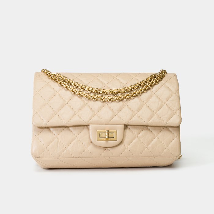 Chanel - 255 à​​​ ​​​double​​​ ​​​rabat​​​ ​​​en​​​ ​​​cuir​​ ​​vieilli​​ ​​matelassé​​ ​​beige​ ​​​​ - Skuldertaske