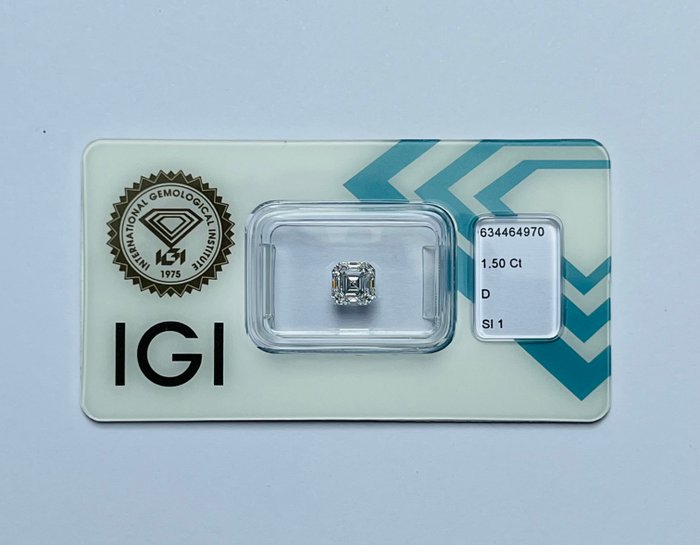 1 pcs Diamant  (Natur)  - 1.50 ct - Smaragd - D (farveløs) - SI1 - International Gemological Institute (IGI)