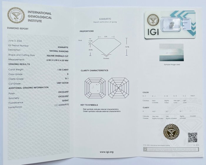 1 pcs Diamant  (Natur)  - 1.50 ct - Smaragd - D (farveløs) - SI1 - International Gemological Institute (IGI)