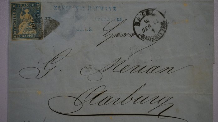 Schweiz 1854 - Brev med siddende Helvetia 23Aa fra Basel til Aarburg - Zumstein