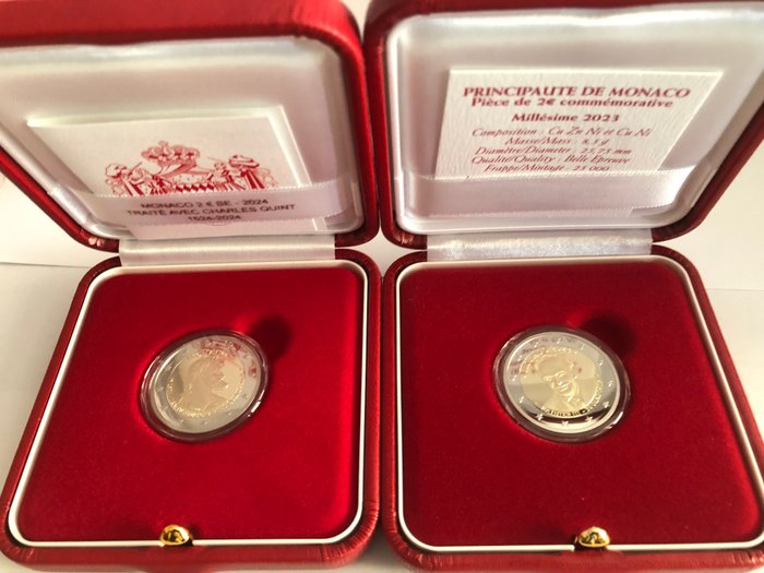 Monaco. 2 Euro 2023/2024 "Rainier III" + "500 Ans du Traité de Burgos - Charles Quint" (2 monete) Proof