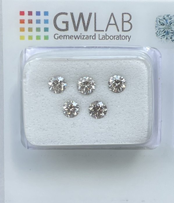 Ingen mindstepris - 5 pcs Diamant  (Natur)  - 0.73 ct - Rund - VS1, VS2 - Gemewizard Gemological Laboratory (GWLab) - Grå