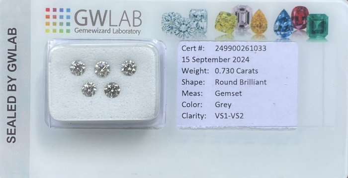 Ingen mindstepris - 5 pcs Diamant  (Natur)  - 0.73 ct - Rund - VS1, VS2 - Gemewizard Gemological Laboratory (GWLab) - Grå