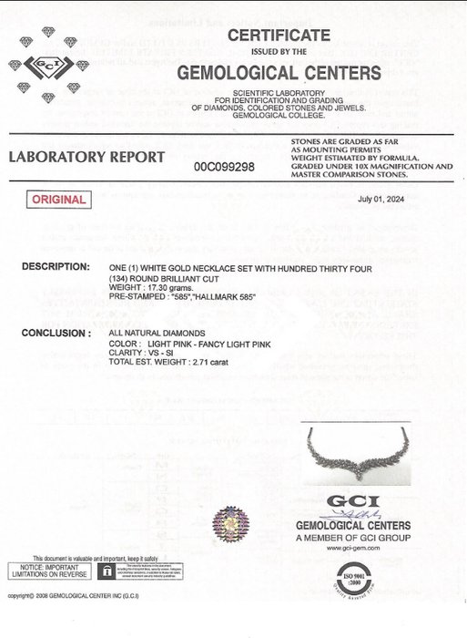 Halskæde med vedhæng - 14 karat Hvidguld -  2.71ct. tw. Lyserød Diamant (Naturfarvet) - Pink - GCI