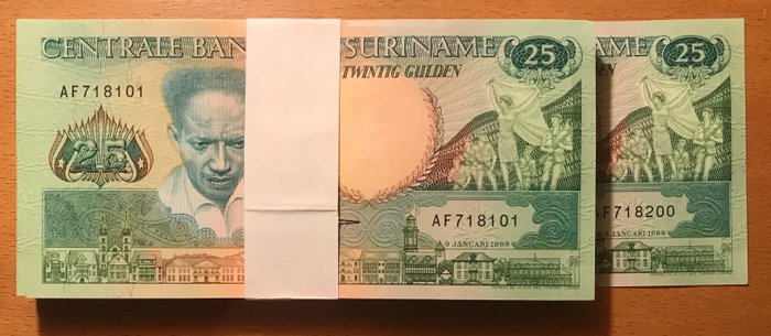 Surinam. - 100 x 25 Gulden 1988 - Pick 132b - original bundle  (Ingen mindstepris)