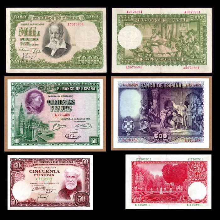 Spanien. - 3 banknotes - various dates  (Ingen mindstepris)