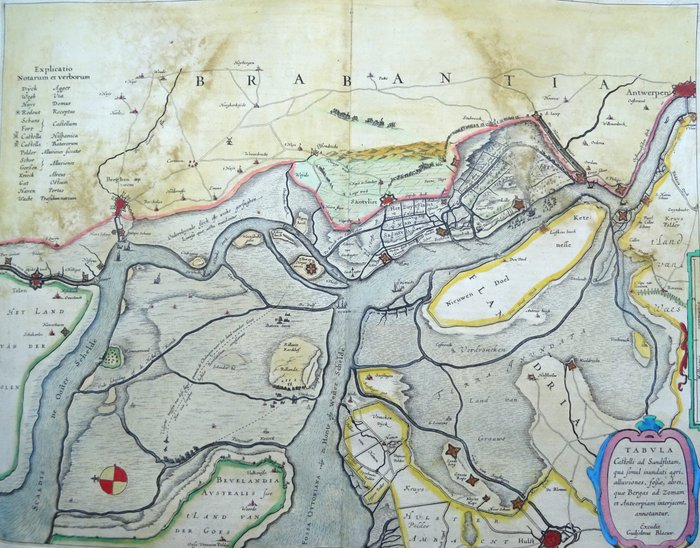 Europa - Belgien, Antwerpen, Schelde, Santvliet, Holland, Bergen op Zoom, Hulst, Westerschelde; W. Blaeu - Tabula Castelli ad Sandflitam, qua Simul inundati agri, alluvoines, fossae, alvei, quae Beras ad - 1621-1650