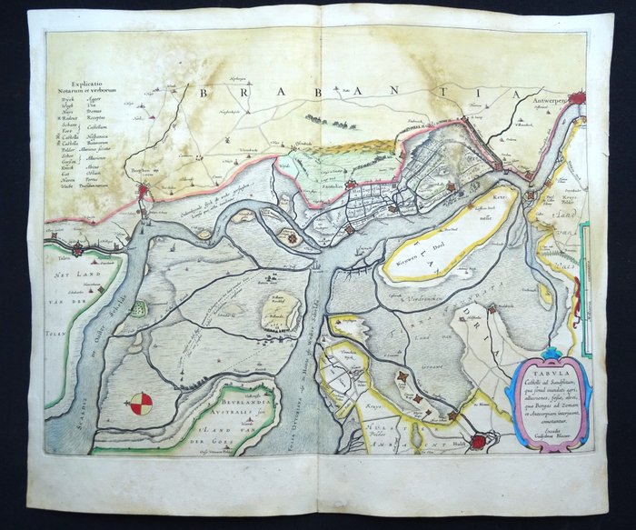 Europa - Belgien, Antwerpen, Schelde, Santvliet, Holland, Bergen op Zoom, Hulst, Westerschelde; W. Blaeu - Tabula Castelli ad Sandflitam, qua Simul inundati agri, alluvoines, fossae, alvei, quae Beras ad - 1621-1650