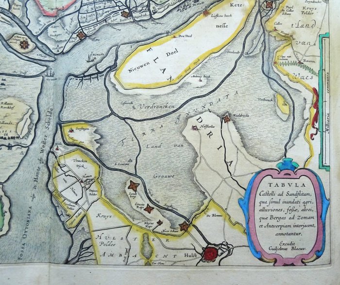 Europa - Belgien, Antwerpen, Schelde, Santvliet, Holland, Bergen op Zoom, Hulst, Westerschelde; W. Blaeu - Tabula Castelli ad Sandflitam, qua Simul inundati agri, alluvoines, fossae, alvei, quae Beras ad - 1621-1650