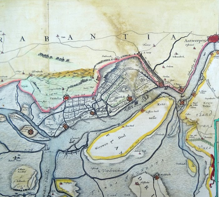 Europa - Belgien, Antwerpen, Schelde, Santvliet, Holland, Bergen op Zoom, Hulst, Westerschelde; W. Blaeu - Tabula Castelli ad Sandflitam, qua Simul inundati agri, alluvoines, fossae, alvei, quae Beras ad - 1621-1650