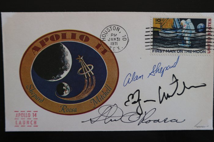 NASA Postomslag - Apollo 14 besætnings autografer: Alan Shepard, Stuart Roosa, Edgard Mitchell - 1970-1980