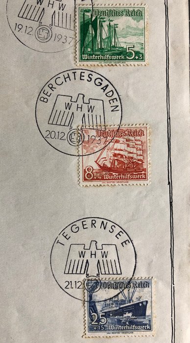 Tyske Kejserrige 1937 - WHW smykkeark, hvert stempel med forskelligt stempel ex. Berchtesgaden - Traunstein