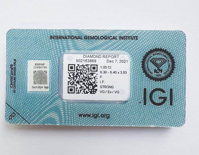 Ingen mindstepris - 1 pcs Diamant  (Natur)  - 1.00 ct - Rund - F - IF - International Gemological Institute (IGI) - *VG EX*