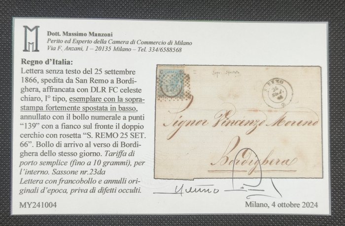 Italien Kongerige 1866 - Kongeriget Italien: 1866 og 1871 bogstaver med stærkt forskudt perforering certificeret