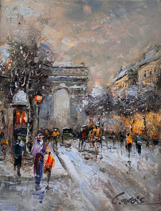 Christof Vevers (1962) - Paris sous la Neige - Avenue des Champs Élysées  Arc de Triomphe