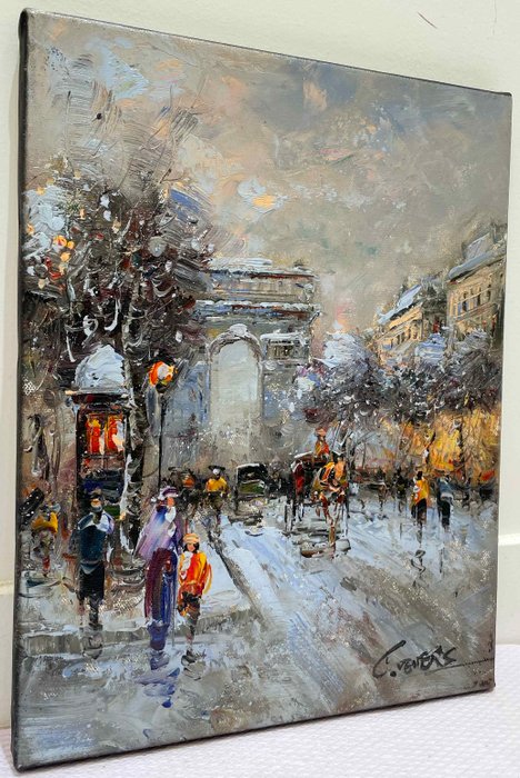 Christof Vevers (1962) - Paris sous la Neige - Avenue des Champs Élysées  Arc de Triomphe