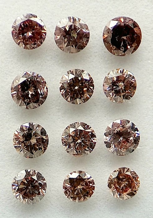 Ingen mindstepris - 12 pcs Diamant  (Naturfarvet)  - 1.08 ct - Rund - Fancy deep Brunlig Lyserød - I1, SI1 - Antwerp Laboratory for Gemstone Testing (ALGT)