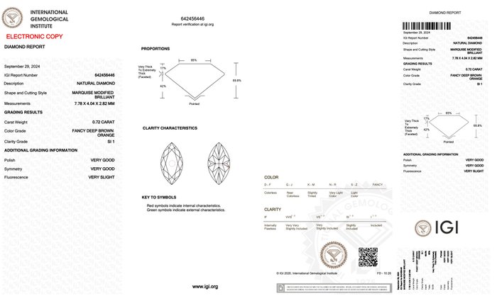 Ingen mindstepris - 1 pcs Diamant  (Naturfarvet)  - 0.72 ct - Marquise - Fancy deep Brun Orange - SI1 - International Gemological Institute (IGI)