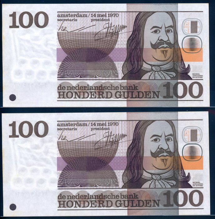 Holland. - 2 x 100 Gulden 1970 - Pick 93 - consecutive  (Ingen mindstepris)