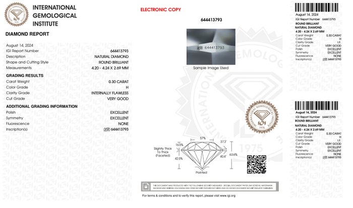 Ingen mindstepris - 2 pcs Diamant  (Natur)  - 0.60 ct - Rund - H - IF - International Gemological Institute (IGI) - *Matching Pair* *EX VG*