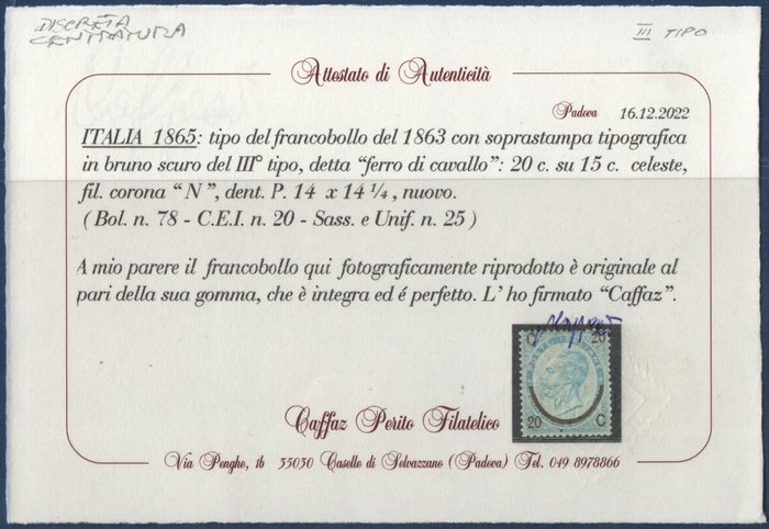 Italien Kongerige 1865 - 20 c. på 15 c. tredje type MNH** - Sassone N. 25