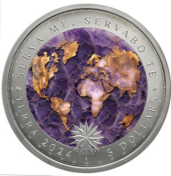 Tokelau. 5 Dollars 2024 "Amethyst Precious Earth - Terra", 1 Oz (.999)  (Ingen mindstepris)