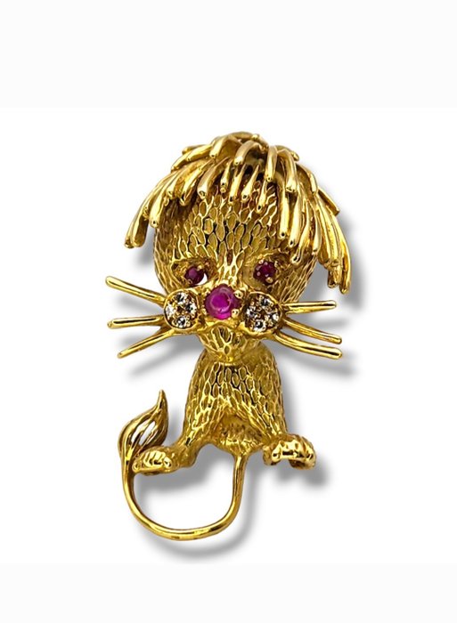 Broche - 18 kraat Gulguld, Neiman Marcus Diamond Ruby Gold Lion Broche Pin c. 1960, 20 gram