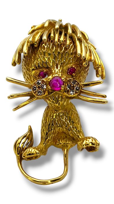 Broche - 18 kraat Gulguld, Neiman Marcus Diamond Ruby Gold Lion Broche Pin c. 1960, 20 gram