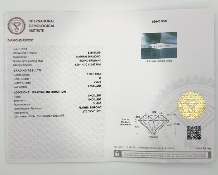 1 pcs Diamant  (Natur)  - 030 ct - Rund - D (farveløs) - VVS2 - International Gemological Institute (IGI) - *3EX* *IDEAL*