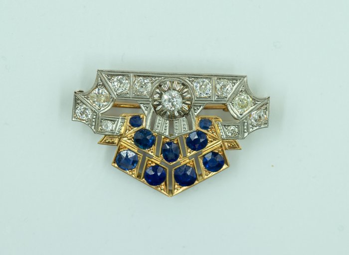 Broche - 18 kraat Gulguld, Platin Diamant (Natur)  - Safir