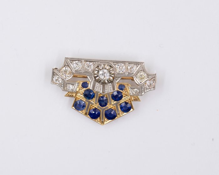 Broche - 18 kraat Gulguld, Platin Diamant (Natur)  - Safir