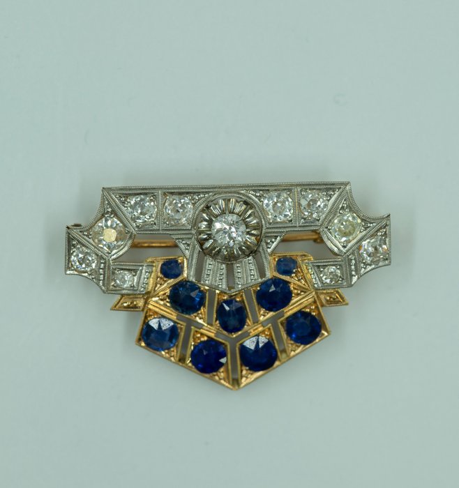 Broche - 18 kraat Gulguld, Platin Diamant (Natur)  - Safir