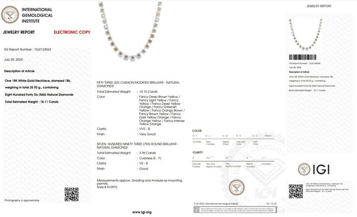 Halskæde - 18 kraat Hvidguld -  18.11ct. tw. Blandede farver Diamant (Naturfarvet) - Diamant - En af slagsen