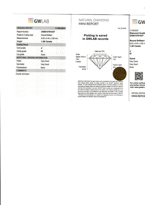 Ingen mindstepris - 1 pcs Diamant  (Natur)  - 1.06 ct - Rund - J - I2 - Gemewizard Gemological Laboratory (GWLab)