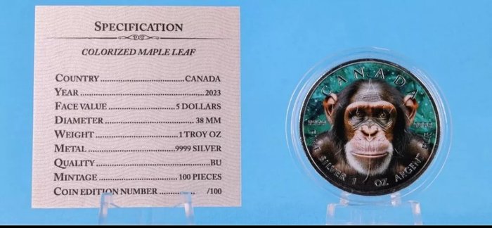 Canada. 5 Dollars 2023 Maple Leaf - Cimpanzee, 1 Oz (.999)  (Ingen mindstepris)