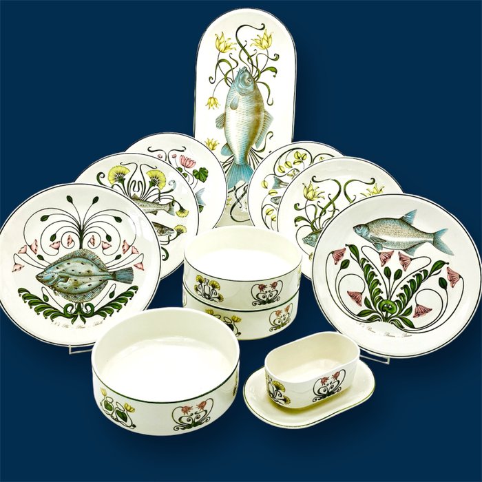 Villeroy  Boch - G. Brownidge - Fiskserveringssæt (11) - Serie Atlantik, forskelligartet Motiv - Porcelæn - Rarität