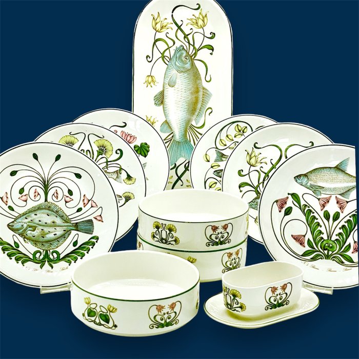 Villeroy  Boch - G. Brownidge - Fiskserveringssæt (11) - Serie Atlantik, forskelligartet Motiv - Porcelæn - Rarität