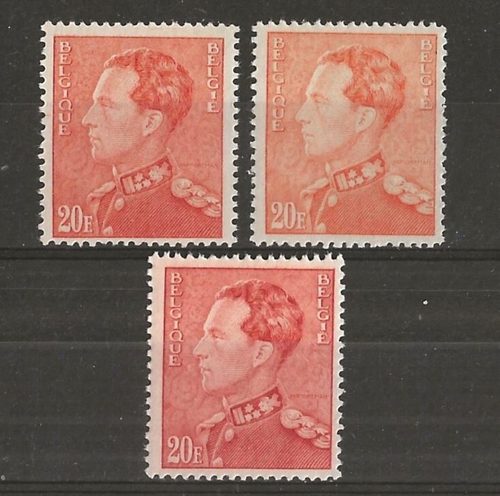 Belgien 1948 - de 3 yderligere nuancer Poortman 20F Clear, Pale Orange og Vermilion Red - OBP/COB 435A/Aa/B