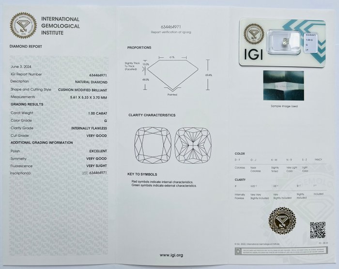 1 pcs Diamant  (Natur)  - 1.00 ct - Pude - G - IF - International Gemological Institute (IGI)