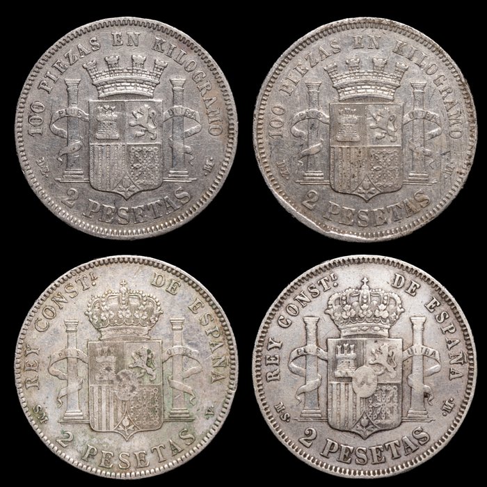 Spanien. Primera República, Alfonso XII y Alfonso XIII. 2 Pesetas 1870-1905 (4 monedas)  (Ingen mindstepris)